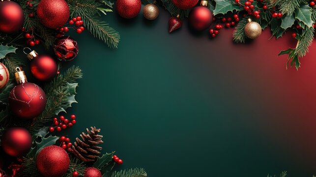 Vibrant red and green holiday template featuring Christmas decorations and open space for personal holiday messages.