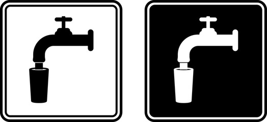 Drinking Water Signs. Black and White Vector Icons. Drinking Water Safety Sign. Water Is Pouring From a Tap Into the Glass
