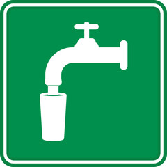 Green Drinking Water Sign. Vector Icon. Drinking Water Safety Sign. Water Is Pouring From a Tap Into the Glass