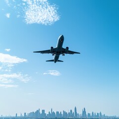 Fototapeta premium An airplane flies above a city skyline against a bright blue sky with scattered clouds, showcasing urban scenery and aviation.