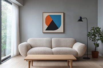 Minimalist, modern japandi interiors in the living room with light gray walls and boucle sofas with art frames hanging. Generative AI
