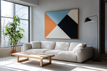 Minimalist, modern japandi interiors in the living room with light gray walls and boucle sofas with art frames hanging. Generative AI
