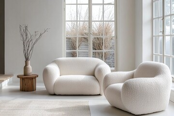 Minimalist, modern japandi interiors in a living room with grid windows and boucle sofas. Generative AI
