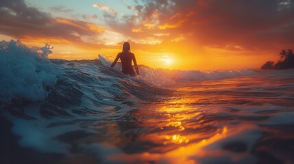 A serene sunset surf session as waves crash around a silhouetted figure on a tranquil beach. Generative AI