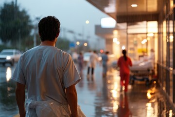 Fototapeta premium A medical professional stands outside a hospital under heavy rain, highlighting dedication and urgency. The scene captures the challenges of healthcare workers.