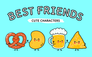 Cute, funny happy glass of beer, nachos, chips, pretzel. Vector hand drawn cartoon kawaii characters, illustration icon. Funny cartoon glass of beer, nachos pretzel chips mascot friends concept