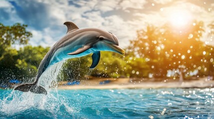 Obraz premium Playful Dolphin Jumping through Water Splash