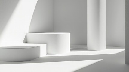 Minimalist white room interior with geometric podiums and sunbeams.