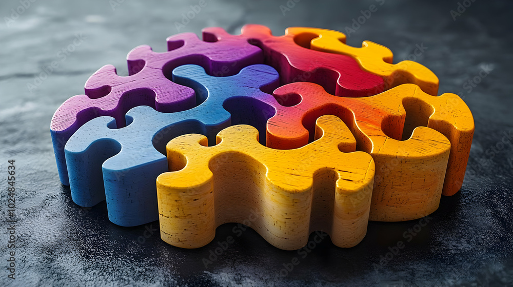 Poster colorful puzzle pieces arranged in a brain shape symbolizing thinking.