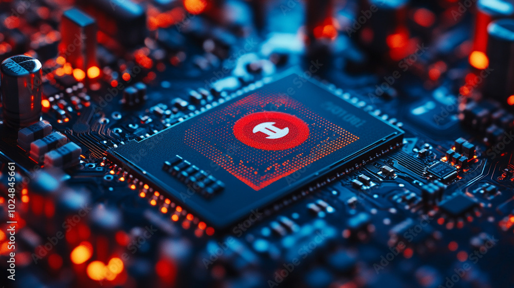 Poster close-up of a computer chip with glowing elements on a circuit board during nighttime