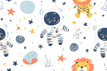 Seamless pattern with cute astronauts tiger lion on a white background.
