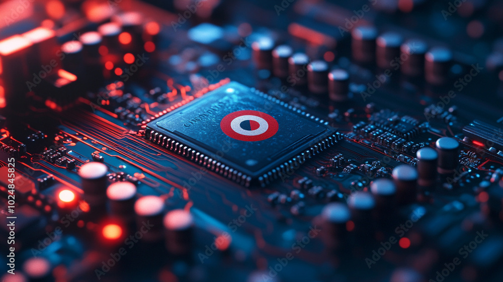 Poster close-up view of a microchip on a circuit board illuminated by soft blue and red lights