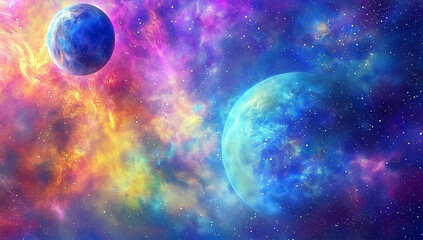 A captivating piece of space art, depicting celestial bodies, galaxies, and vibrant cosmic colors. This artwork inspires wonder and curiosity about the universe and the mysteries of space.