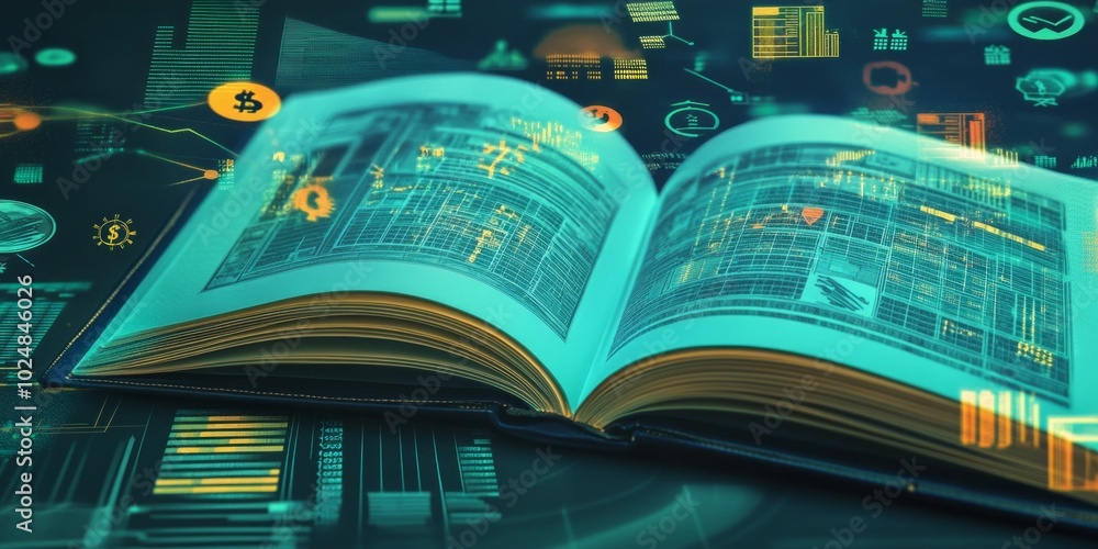 Poster an open book filled with vibrant data and digital graphics. this image showcases a modern interpreta