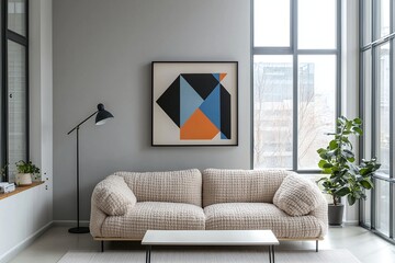Minimalist, modern japandi interiors in the living room with light gray walls and boucle sofas with art frames hanging. Generative AI
