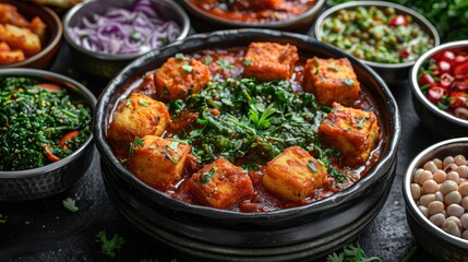Fototapeta premium Delicious homemade paneer curry served with vibrant accompaniments in a rustic kitchen setting. Generative AI