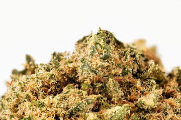 Ultra macro detail of CBD flowers from a Strawberry cannabis plant isolated