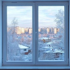 A serene winter view through a window showcasing a snowy landscape and frosted trees with urban...