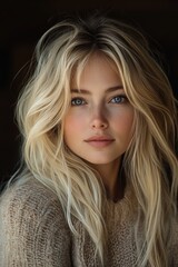 Fototapeta premium Blonde Woman Posing Indoors in Cozy Knit Sweater
