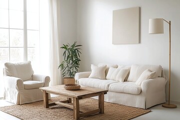 Minimalist, a japandi interior in a living room with white suits and boucle sofas hanging with art frames. Generative AI
