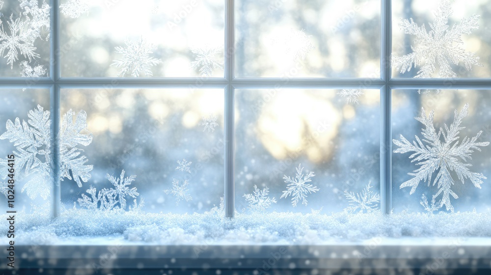 Poster frosty patterns on a windowpane with a blurred winter scene behind, perfect for text