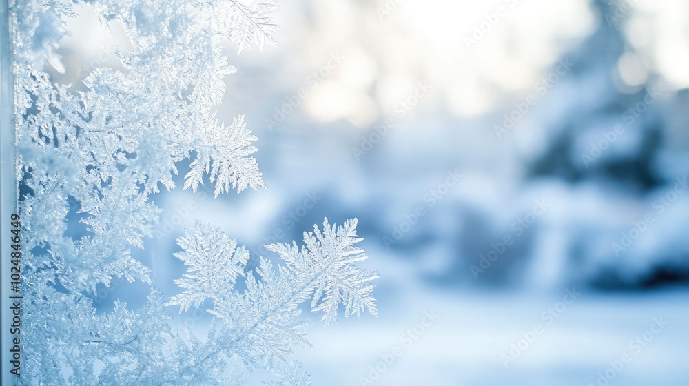 Aufkleber frosty patterns on a windowpane with a blurred winter scene behind, perfect for text