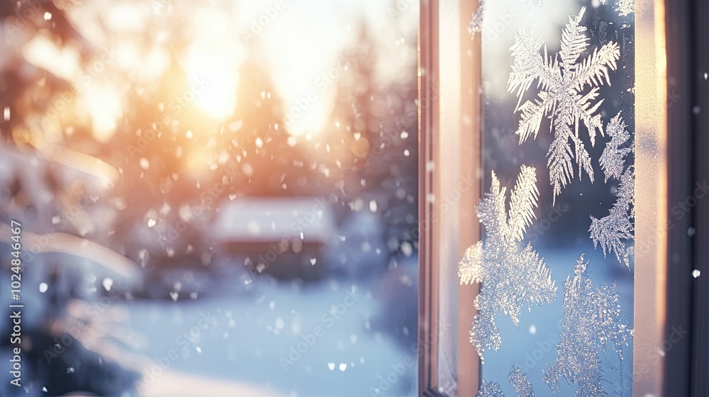 Poster frosty patterns on a windowpane with a blurred winter scene behind, perfect for text