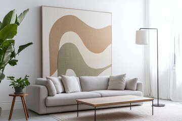 A modern japandi interior in the living room with minimalist, light grey boucle sofa and art frames hanging. Generative AI
