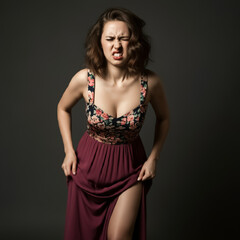 Fototapeta premium Beautiful sexy woman in a casual everyday dress, woman lifting up her dress. Her face was tense as if he was about to explode. The concept of needing to urinate or the concept of having to defecate.