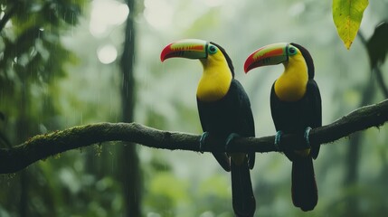 Toucan in the Wild. Keel-billed Toucan Pair on Forest Branch in Costa Rica