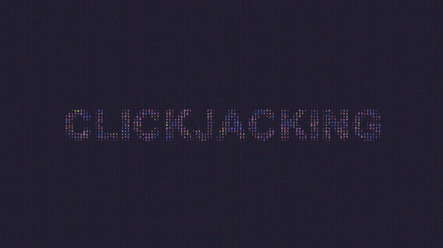 Cybersecurity concept clickjacking on foreground screen, ASCII style in a code development editor. Vulnerability and attack on colored code editor. Text in English, English text