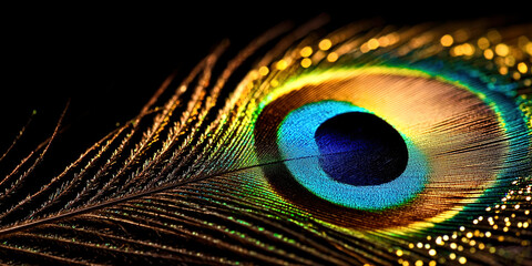 Obraz premium A close up of a peacock feather with a blue center and yellow and green edges