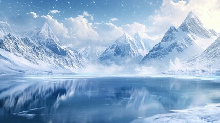 Obraz premium Frozen lake with snow-covered mountains in the background and plenty of space for text