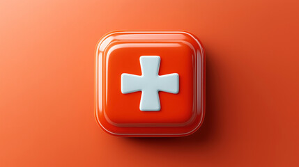 Obraz premium Smooth orange square icon with a white cross shape emboss, set against an orange background, reflecting a modern design concept for applications or software interfaces.