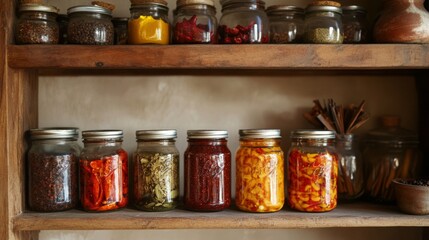 Colorful Jars of Preserved Ingredients on Wooden Shelf