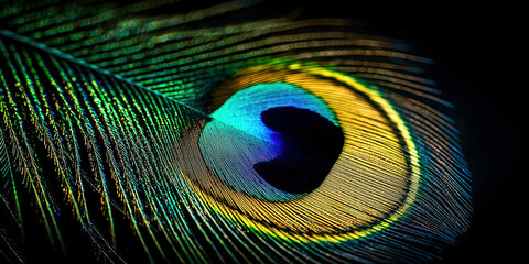 Naklejka premium A close up of a peacock feather with a blue and yellow center
