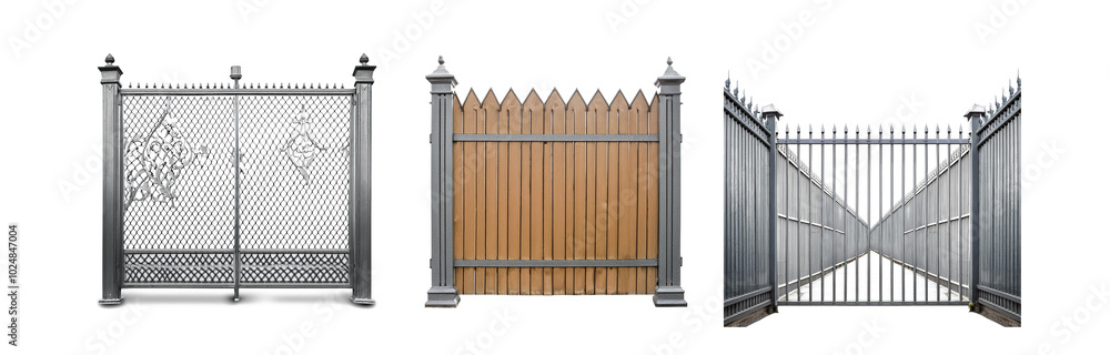 Poster three different types of gates, one with a decorative mesh, one with wooden slats, and one with meta