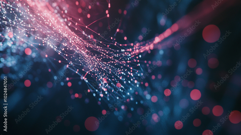 Poster colorful glowing lines and dots abstractly depict digital connectivity and data flow