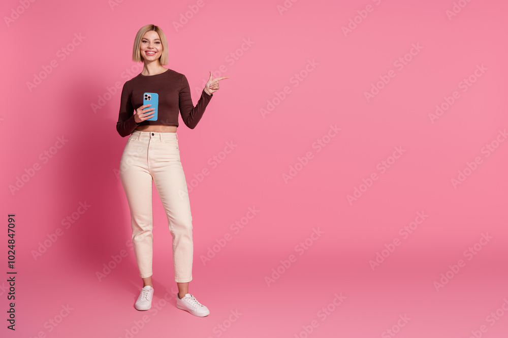 Canvas Prints Full length photo of charming glamour cute girl wear stylish clothes empty space isolated on pink color background