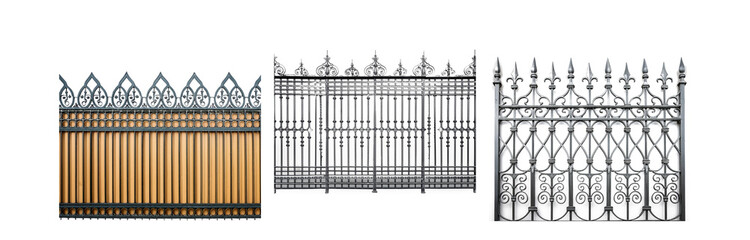 Three different styles of iron gates, each with a unique design, set against a white background.