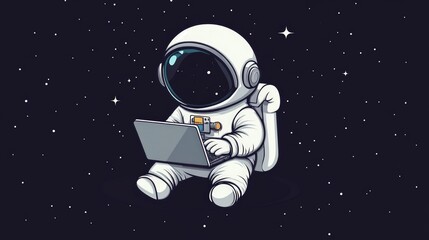 An astronaut in a spacesuit sits in space working on a laptop computer.