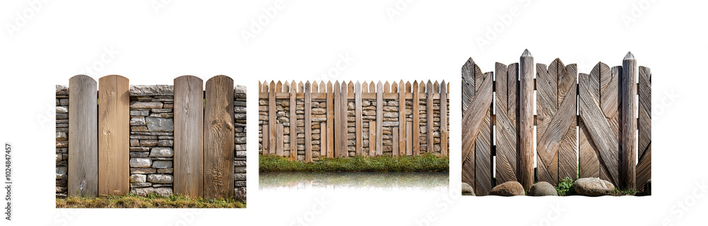 Poster three different types of wooden fences, one with stone, one with a stone wall and the other with a d