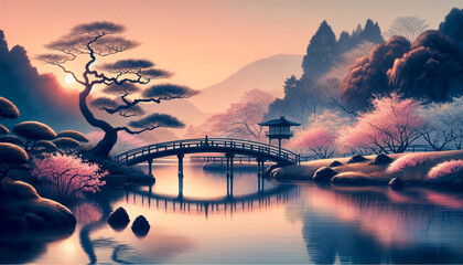 A serene Japanese-inspired landscape featuring an arched bridge crossing a tranquil body of water, surrounded by bonsai trees and blooming cherry blossoms