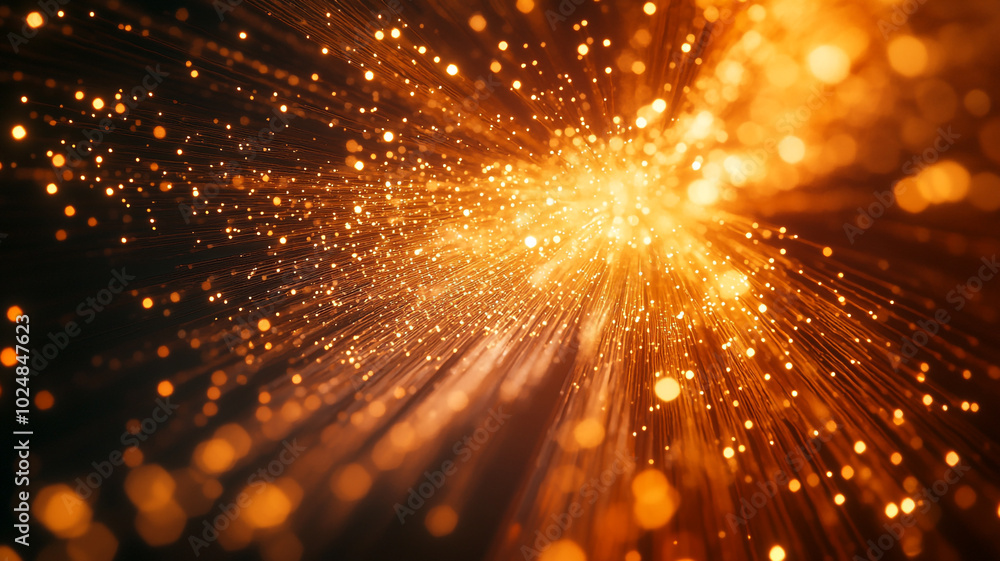 Poster golden particles burst into light against a dark background, creating a mesmerizing effect