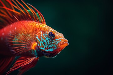 Fototapeta premium Mystic portrait of Devil Firefish, copy space on right side, Close-up View, isolated on black background