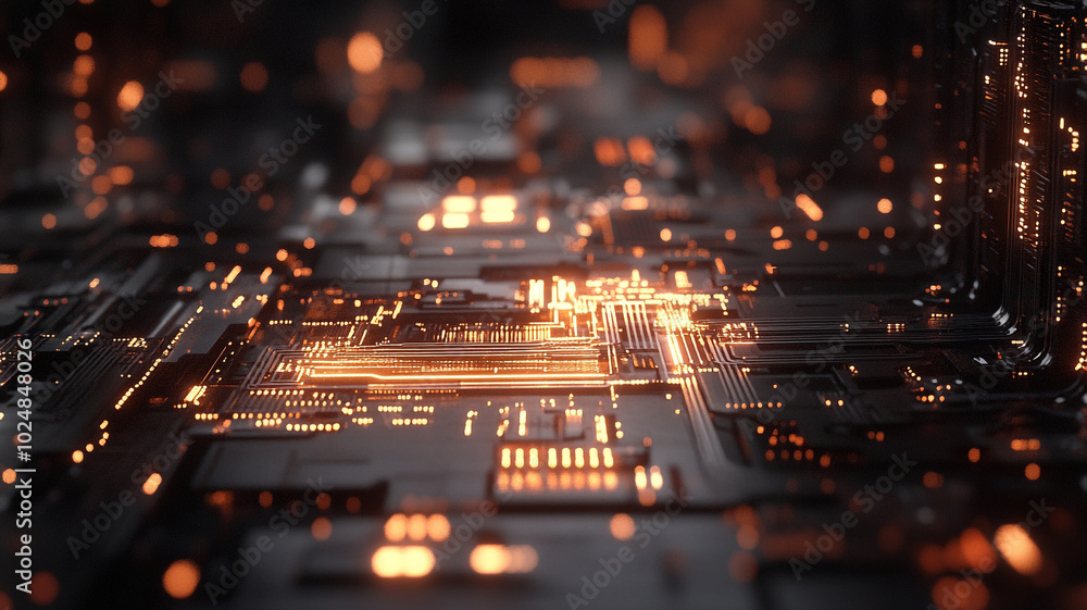 Poster exploring the intricate design of a futuristic circuit board with glowing connections