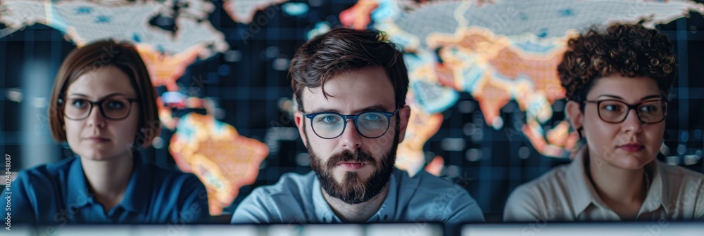 Poster focused professionals analyze global data on multiple screens, highlighting teamwork and technology 