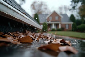 Rainwater pours over brown leaves along a house gutter, illustrating the seasonal interplay of nature, aging, and the passage of time in a suburban landscape.