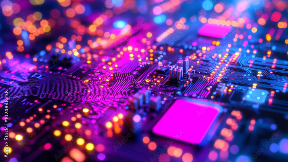 Poster close-up view of a vibrant circuit board illuminated with colorful leds at night