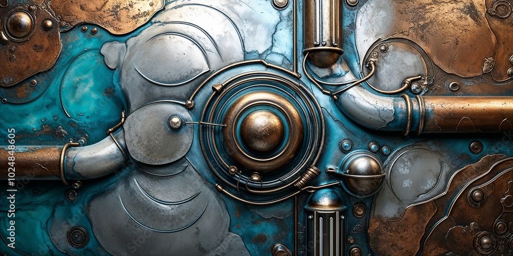 Poster Abstract steampunk background with blue, silver, and copper textures.